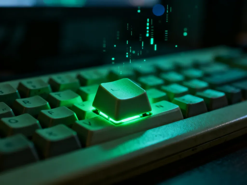 Podświetlona na zielono klawiatura mechaniczna w stylu retro, nawiązująca do estetyki hakerskiej i kodu matrix.