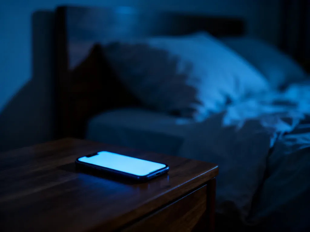 Samotny, świecący smartfon na szafce nocnej w ciemnej sypialni, symbolizujący nocne poczucie osamotnienia.