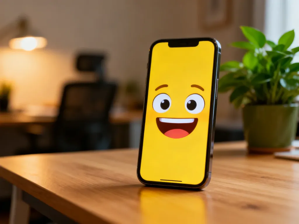 Żółta emotikona śmiechu na ekranie smartfona, ilustrująca znaczenie skrótu XD w komunikacji internetowej.