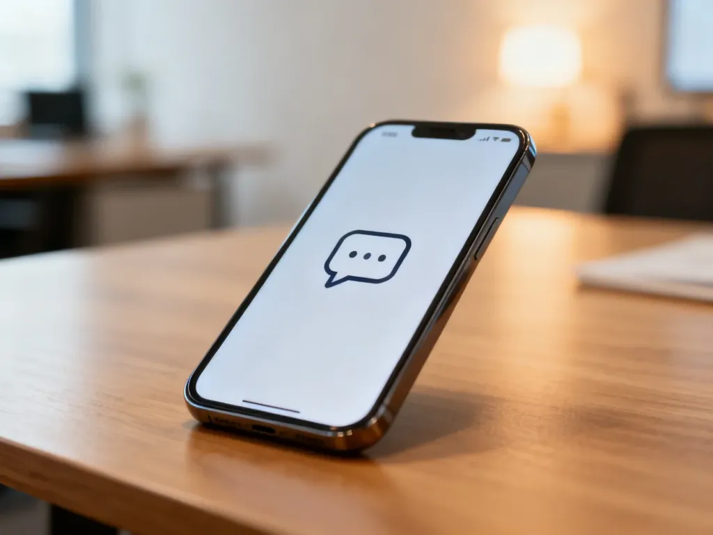 Nowoczesny smartfon z ikoną powiadomienia na ekranie, symbolizujący komunikację cyfrową w biurowym otoczeniu.